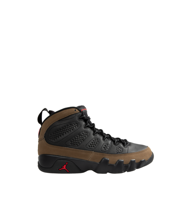 Image 1 of 5 - BLACK - Air Jordan 9 Retro Sneakers are a lace-up style with padded collars, real and synthetic leather uppers, Nike Air technology, and foam midsoles.  