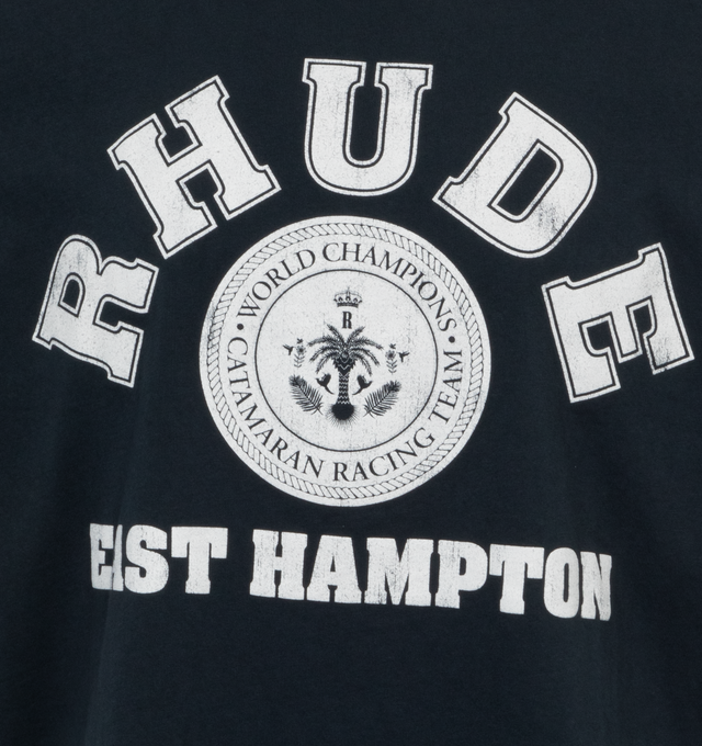 Image 2 of 2 - BLACK - RHUDE Hampton Catamaran Tee featuring lightweight jersey fabric, crew neck, short sleeves and graphic logo print on front. 100% cotton. Made in USA. 