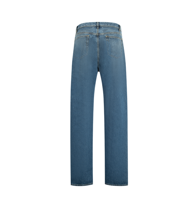 Image 2 of 3 - BLUE - MAISON MARGIELA Patched Panel Straight Jeans featuring full-length, straight-leg, distressed knees with contrast denim patches, front button and zip closure and four stitches at the back. 100% cotton. Made in Italy. 