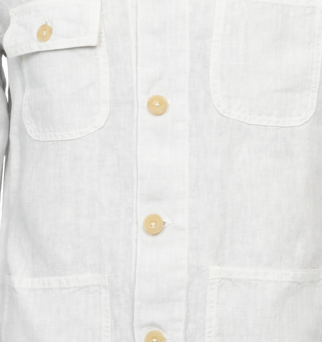 Image 3 of 3 - WHITE - 120% LINO 4 Pocket Jacket featuring classic collar, front button fastening, long sleeves, buttoned cuffs, three front patch pockets, chest flap pocket and straight hem. 100% linen.  