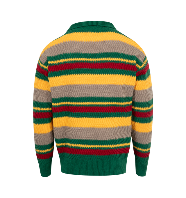 Image 2 of 2 - MULTI - PLEASURES Cooper Polo Sweater featuring 7 gauge yarn, custom developed wave knit, color block intarsia and matte satin stitch chest embroidery. 100% polyester.  