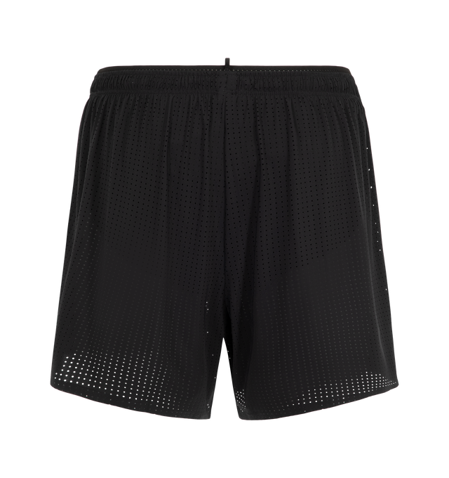 Image 2 of 3 - BLACK - Satisfy Men's Space-O 5" Shorts are crafted from Italian Space-O micro jersey and feature precision-punched perforations for lightweight breathability. Designed with four-way stretch for unrestricted movement, the performance silhouette is engineered for long-distance efforts and everyday training. Functional details include a sweat-resistant hidden phone pocket, double waistband with internal drawcords, a mini S-Carabiner for keys, and reflective logo detailing. Main Material: Space 
