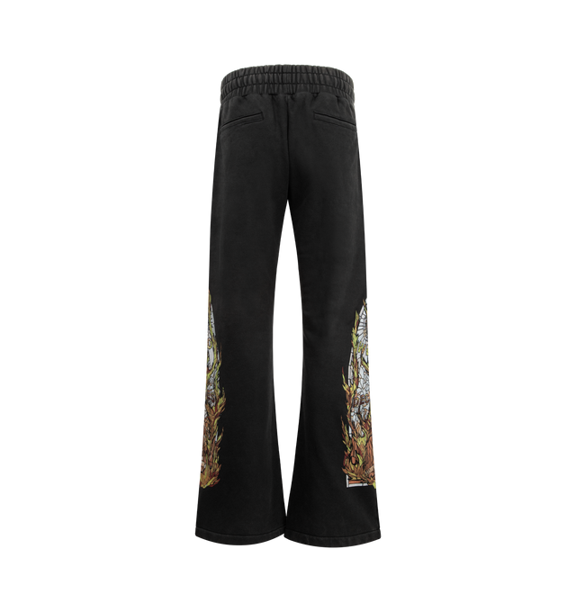 Image 2 of 4 - GREY - WHO DECIDES WAR Flame Glass Hardware Sweatpants featuring cotton fleece, flared leg, printed with the label's signature stained-glass window motifs, drawstring waistband, side on-seam pockets and back welt pocket. 100% cotton. 