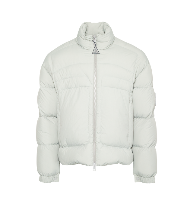 GREY - MONCLER Dofida Short Down Jacket featuring down-filled, stand collar, zipper closure, zipped pockets, elastic cuffs and hem and felt logo patch. 100% polyamide. Padding: 90% down, 10% feather.