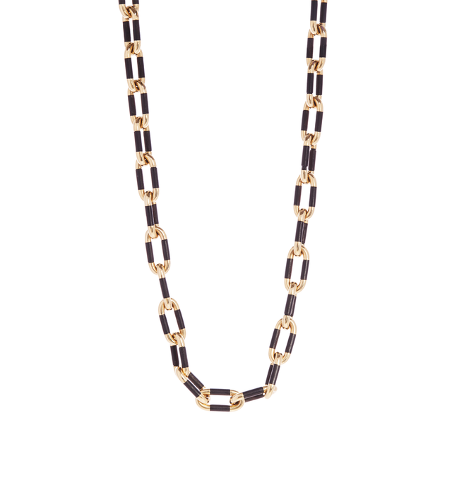 Image 1 of 1 - GOLD - Sidney Garber Ebony and Gold Oval Link Necklace is crafted in 18K yellow gold and polished black ebony wood, creating a striking contrast between the rich, dark wood and luminous gold. Designed with an elongated 28-inch silhouette, this fine jewelry necklace offers versatile styling and can be worn long, wrapped twice around the neck, or fastened as a lariat. Main Material: 18K Yellow Gold. Secondary Material: Ebony Wood. Length: 28 in.For personal consultation and detailed information 