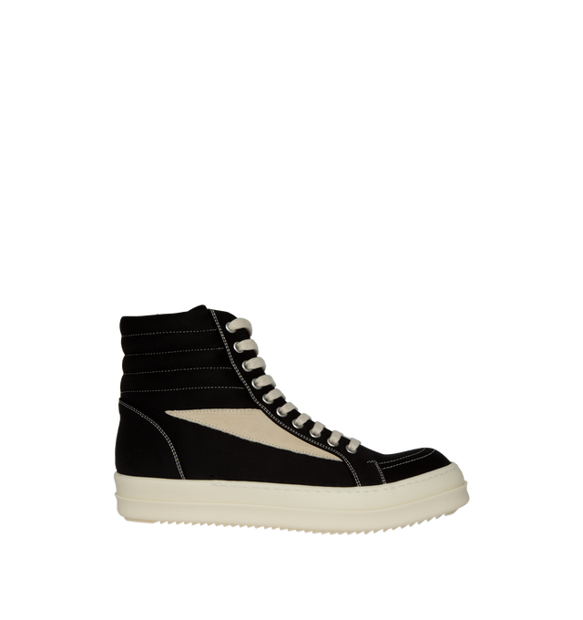 Image 1 of 5 - BLACK - DRKSHDW Vintage High Sneakers featuring lace-up closure, quilted padded collar, graphic calfskin suede appliqu at sides, twill lining, treaded thermoplastic rubber sole and contrast stitching in white. Organic cotton. Sole: thermoplastic rubber. Made in Italy. 