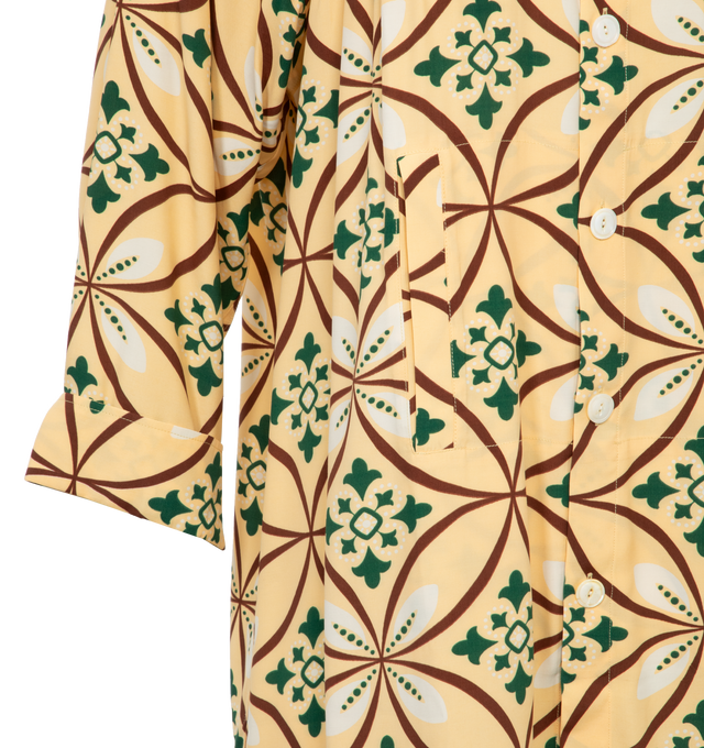 Image 3 of 4 - YELLOW - BODE Greer Quincy Dress featuring geometric pattern, two front welt pockets, button front closure, oversized sleeves and mini length. 100% viscose. Made in Portugal. 