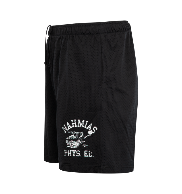 Image 3 of 3 - BLACK - NAHMIAS Mesh P.E. Shorts featuring elastic waist, logo printed on front leg and above the knee fit. 100% polyester. 