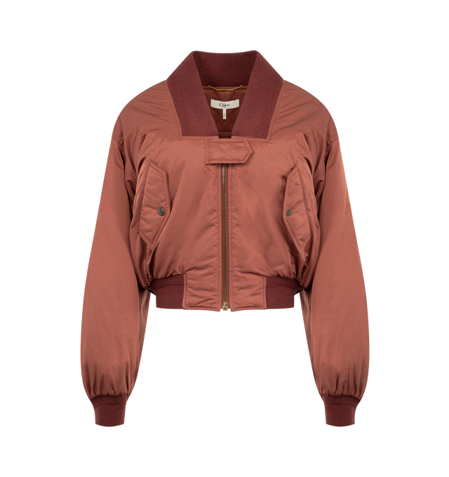 Image 1 of 3 - RED - Chlo Womens Bomber Jacket is crafted from recycled nylon blend fabric. Features a straight fit, oversized collar, front zip closure with snap-button tab, ribbed trims, front flap pockets with snap-button closures, and a zippered sleeve pocket. Main Material: 58% Polyester, 42% Polyamide; Lining: 100% Polyester; Collar & Cuffs: 88% Wool, 9% Polyamide, 3% Elastane. Made in Italy. 