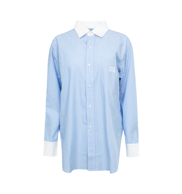 BLUE - BODE Signet Murray Shirt featuring contrasting white collar and cuffs, crisp cotton poplin, "Bode" monogrammed on the front pocket, six front buttons and one front pocket. 100% cotton. Made in India.
