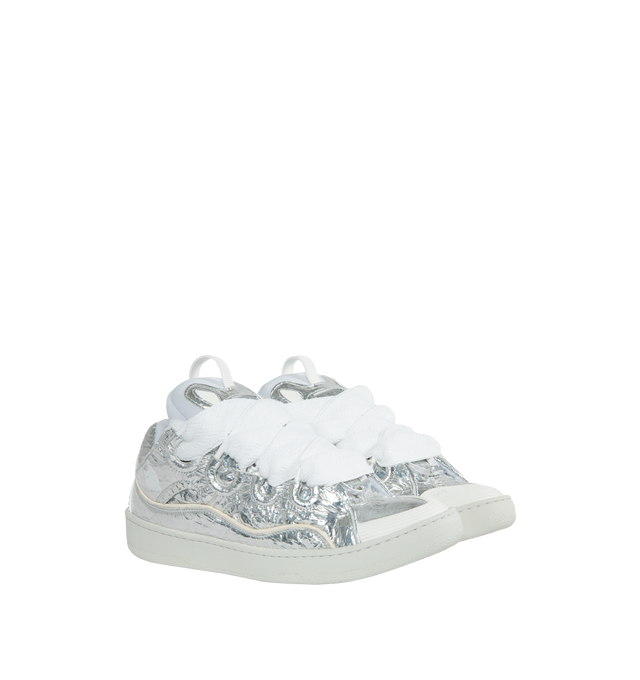 Image 2 of 5 - SILVER - LANVIN Curb Sneakers Metallic featuring leather and mesh upper, front pull loop, front lace-up closure, logo details and rubber sole. 40% polyester, 28% calf, 20% alfa, 7% nylon, 5% polyurethane. 