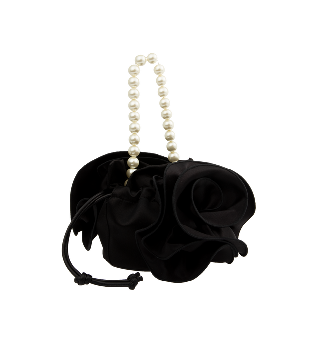 Image 3 of 4 - BLACK - MAGDA BUTRYM Pearl Magda Bag featuring a bucket bag adorned with large 3D roses on either side of the body. The classic silk version has a satin body and flowers and an additional pearl handle so the wearer can choose between a pearl handle or a detachable classic leather crossbody strap. 80% satin (72% viscose, 28% silk), 10% calf leather, 10% nappa lamb. Flower: 100% silk.  