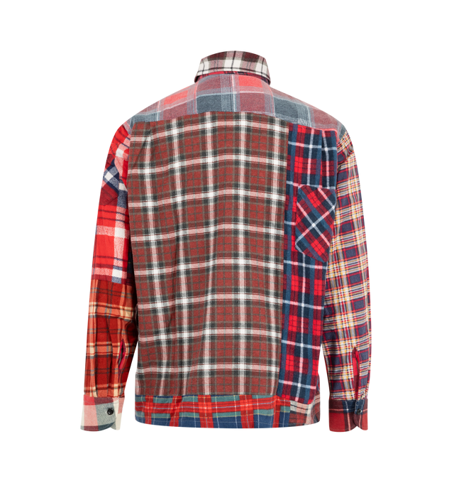 Image 5 of 8 - RED - Needles Men's Straight Hem Flannel Shirt is crafted from reworked cotton flannel and features a one-of-a-kind construction created from cut-and-sewn vintage flannel shirts. Designed with a straight hem, classic collar, button-front closure, chest pockets, and buttoned cuffs, each piece is unique and will vary in color, pattern, and panel placement. Main Material: 100% Cotton. Details: Reworked One-of-One Design, Straight Hem, Classic Collar, Chest Pockets, Buttoned Cuffs. Closure: Butto 