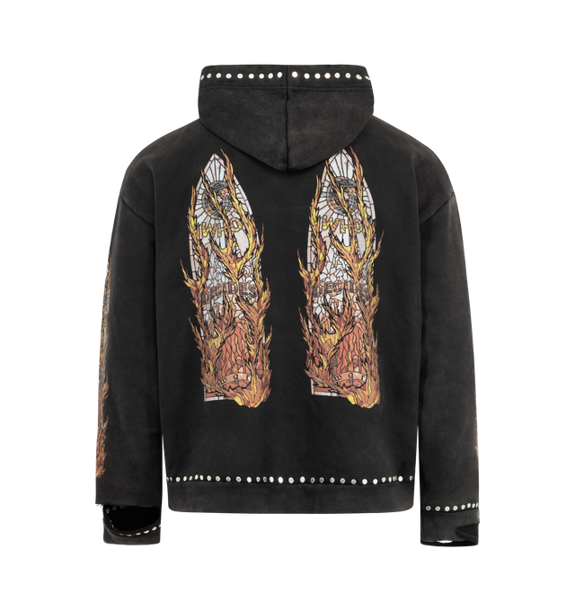 Image 2 of 2 - BLACK - WHO DECIDES WAR Hardware Hooded Pullover featuring pull-on styling, kangaroo pocket, drawstring hoodie, graphic details, rivet trim, terrycloth lining and intentional distressing. 100% cotton. Made in Turkey. 