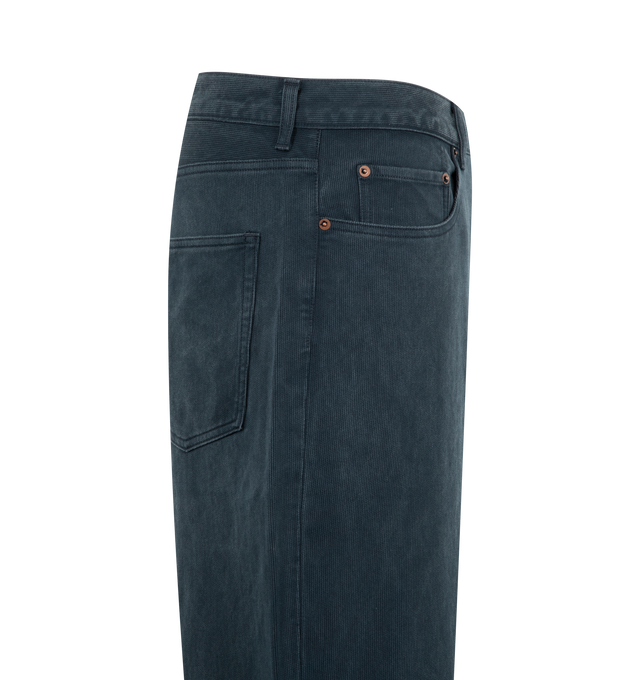 Image 3 of 3 - BLUE - A.Presse Men's Washed Silk Cotton Piqu Pants feature a wide tapered silhouette crafted from a washed silk and cotton piqu blend with a gently curved side seam, a slightly deeper rise, and a zip-fly closure with original iron tuck buttons. These designer trousers combine the breathable comfort of cotton with the smooth feel of silk, while vintage-inspired Japanese craftsmanship is showcased through densely woven silk-spun and cotton yarns that create a refined piqu texture. A naturally  