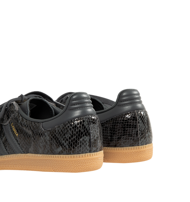 Image 3 of 5 - BLACK - ADIDAS Samba OG Sneaker featuring smooth leather upper with a snakeskin-like print, serrated 3-Stripes, reinforced toe box, regular fit, lace closure, synthetic lining and rubber outsole. 