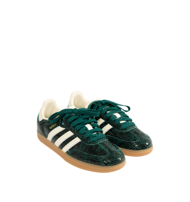 Image 2 of 5 - GREEN - ADIDAS Samba OG Sneakers featuring a snakeskin-look leather upper and overlays, reinforced T-toe, serrated 3-Stripes, regular fit, lace closure, leather upper, synthetic lining and rubber outsole. 