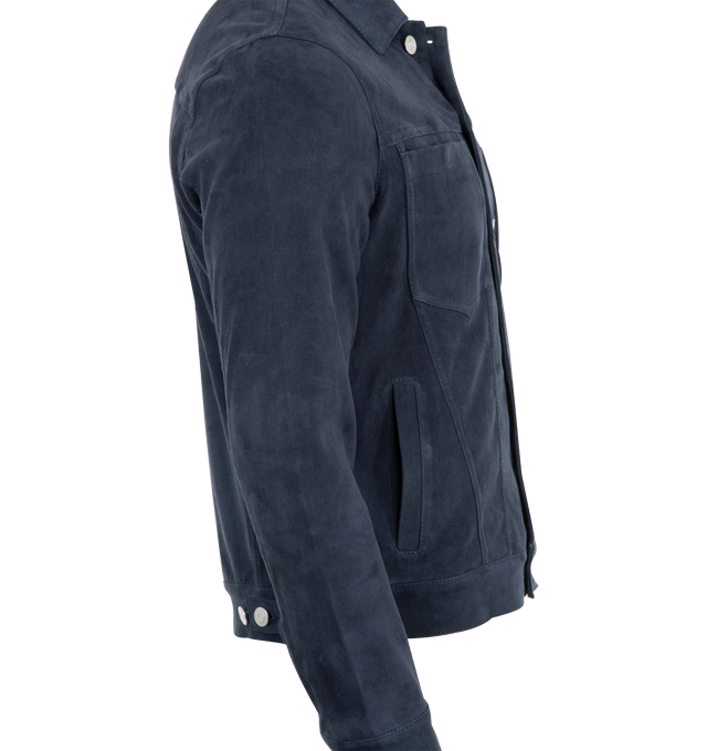 Image 3 of 3 - BLUE - Giorgio Brato Leather Button Front Jacket has a classic collar, a button front closure, adjustable waist tabs, front patch pockets, side pockets, and silver-tone hardware. Made in Italy.  