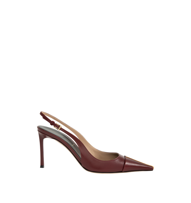 Image 1 of 4 - RED - Tom Ford Womens Thea Slingback Pumps are crafted from shiny goatskin leather. Feature an elongated pointed toe with signature pale gold-tone T metal detail, adjustable slingback strap, stiletto heel, and leather sole. Heel Height: 10.5 cm. Main Material: 100% Goatskin Leather; Sole: Leather. Made in Italy. 