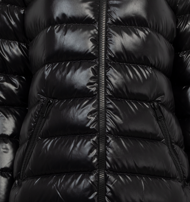 Image 3 of 3 - BLACK - MONCLER Moka Long Jacket featuring nylon laqu, nylon laqu lining, down-filled, detachable hood with a knit trim, zipper closure and pockets with zipper and snap button closure. 100% polyamide/nylon. Padding: 90% down, 10% feather. 