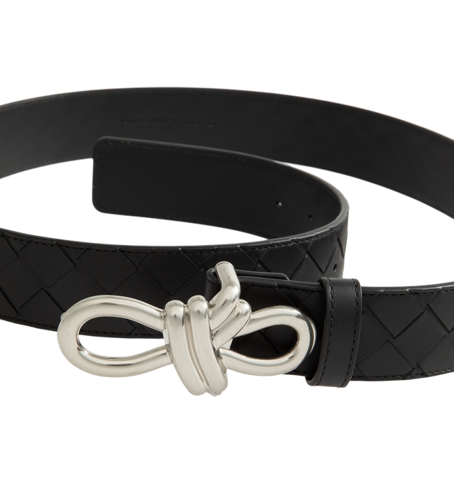 Image 2 of 2 - BLACK - Bottega Veneta Men's Andiamo Intrecciato leather belt. It is crafted from premium calfskin leather with a signature silver knot buckle. Height: 2.5 cm | 1"; Depth: 0.5 cm | 0.2". 