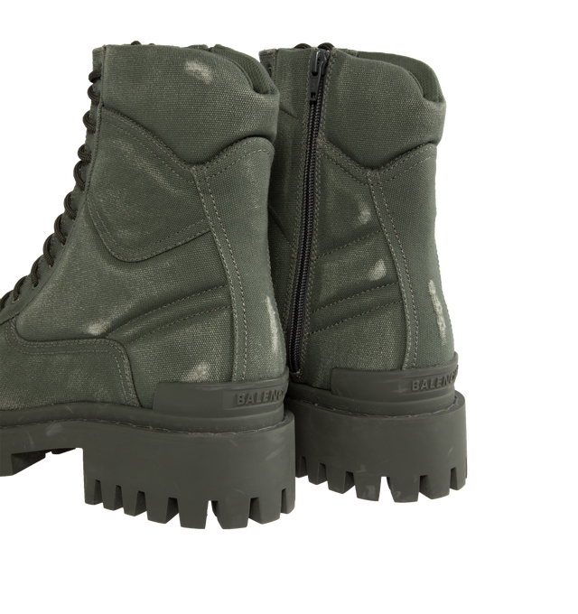 Image 3 of 4 - GREEN - BALENCIAGA Combat Strike Boot featuring cotton canvas, lace-up boot, extra round toe, washed and worn-out effect, 20mm arch, inner zip, visible top-stitching, 11 eyelets lace-up vamp, thick toothed rubber outsole and Balenciaga logo in the front and in the back. Made in Italy. 