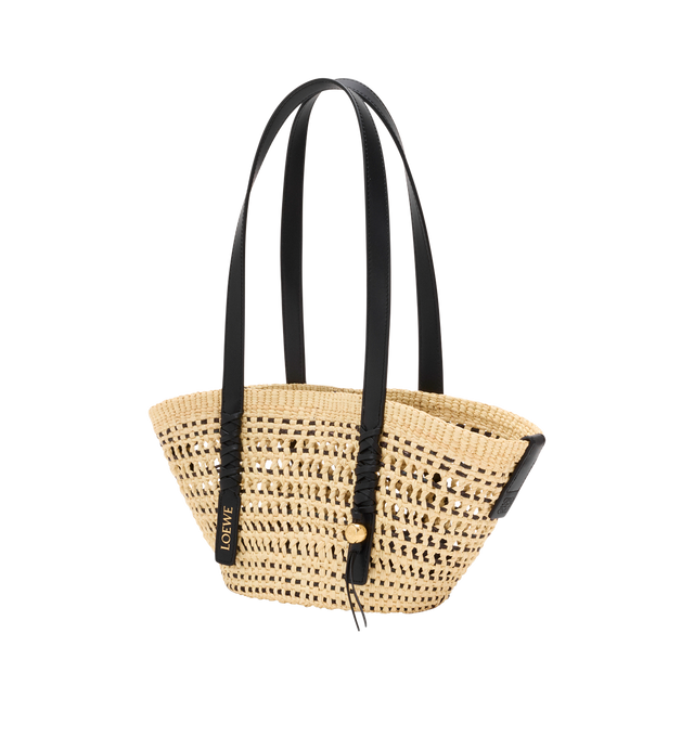 Image 2 of 5 - NEUTRAL - LOEWE PAULA'S IBIZA Small Braid Basket Bag in iraca palm and calfskin featuring shoulder carry, calfskin tie closure, unlined, removable Anagram Pebble dice and gold embossed LOEWE. Iraca palm/calf. 18 cm x 36 cm x 13 cm. Made in Spain. 