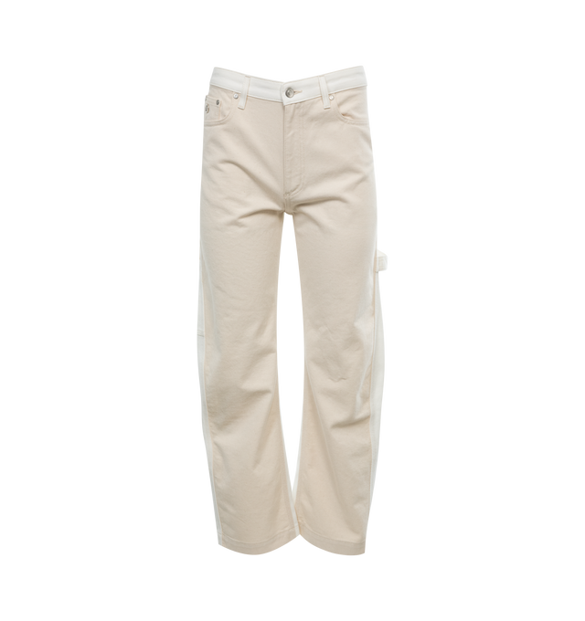 WHITE - STELLA MCCARTNEY Banana Leg Utility Jeans featuring organic cotton denim, pure white back, gold S-Wave medallion at hip, Stella McCartney logo patch at back, zip fly with button secure, belt loops, five-pocket design and banana leg. 100% organic cotton. Made in Italy.