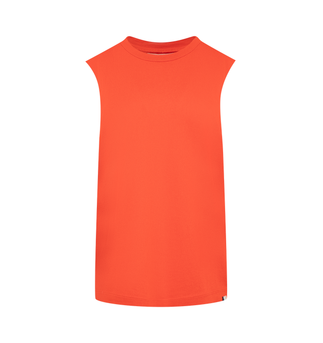 Image 1 of 2 - RED - Extreme Cashmere Women's N408 Muscle Tank Top is crafted from a lightweight cotton and cashmere blend and features a classic straight fit, crew neckline, sleeveless silhouette, and unfinished armhole edges for a modern, minimalist look. This designer knit tank top combines the breathable structure of cotton with the luxurious softness of cashmere, making it an effortless wardrobe essential for year-round layering. Main Material: 70% Cotton, 30% Cashmere. 