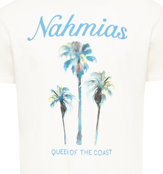 Image 2 of 2 - WHITE - NAHMIAS Palm Tree Coast T-shirt featuring ribbed crewneck, short sleeves and graphic printed on front. 100% cotton.  