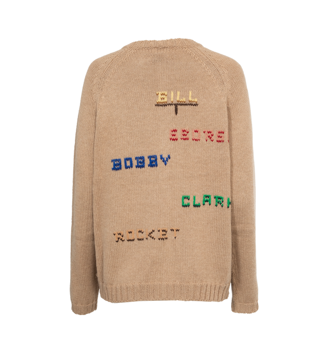 BROWN - BODE Roll Call Cardigan featuring rib knit crewneck, hem, and cuffs, button closure, seam pockets and raglan sleeves. 52% baby alpaca, 48% merino wool. Made in Peru.