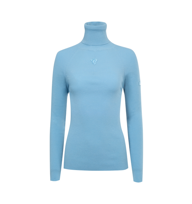 Image 1 of 2 - BLUE - Pucci ribbed-knit sweater crafted from mid-weight wool, appliqud at the chest with the trademark intertwined fish motif. Featuring a slim silhouette, high neck and and embroidered logo patch at the sleeve. 90% virgin wool, 10% polyester. Made in Italy. 
