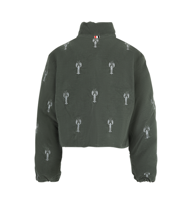 Image 2 of 3 - GREEN - Thom Browne Womens Reversible Cropped Down Jacket is crafted from cotton corduroy and features a reversible design, stand collar, two-way zip and snap-front closures, welt hand pockets, elasticized cuffs, drawcord hem, allover lobster embroidery, signature 4-bar detailing, and the signature striped grosgrain loop tab. This designer cropped puffer jacket combines lightweight goose down insulation with a versatile reversible silhouette for elevated everyday layering. Main Material: 100% 