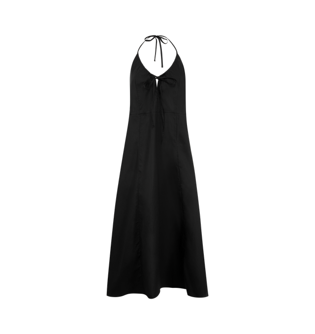 Image 1 of 2 - BLACK - DEIJI STUDIOS Seamed Halter Dress featuring relaxed fit, midi length, flattering v neckline, functional drawcord tie on front and halter neck tie. 100% GOTS organic cotton. 