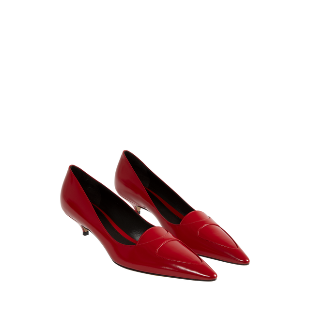 Image 2 of 4 - RED - THE ROW Viv Kitten Heel featuring pointed kitten heel, polished calfskin leather, layered vamp detail, leather sole, and rubber heel cap. 100% calfskin leather. Leather sole. Made in Italy. 