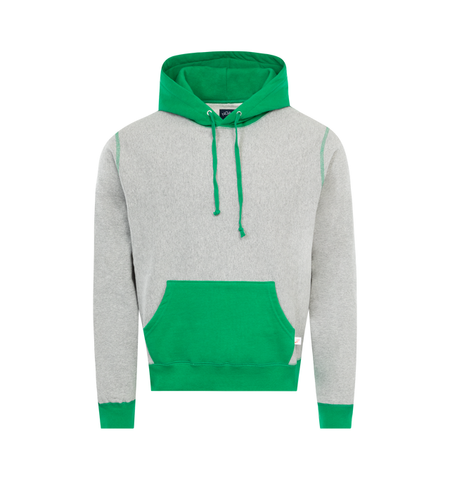 GREEN - NOAH Color Block Hoodie featuring 12.0 oz. brushed-back fleece with contrast bod, one-piece hood and winged foot woven label at pouch pocket. 100% cotton. Made in Canada. 