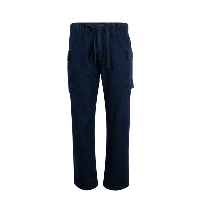 Image 1 of 3 - BLUE - POST O'ALLS E-Z Walkabout Pant featuring loose fit, elastic drawstring waist, side flap pockets and adjustable back. 100% cotton. Made in Japan. 