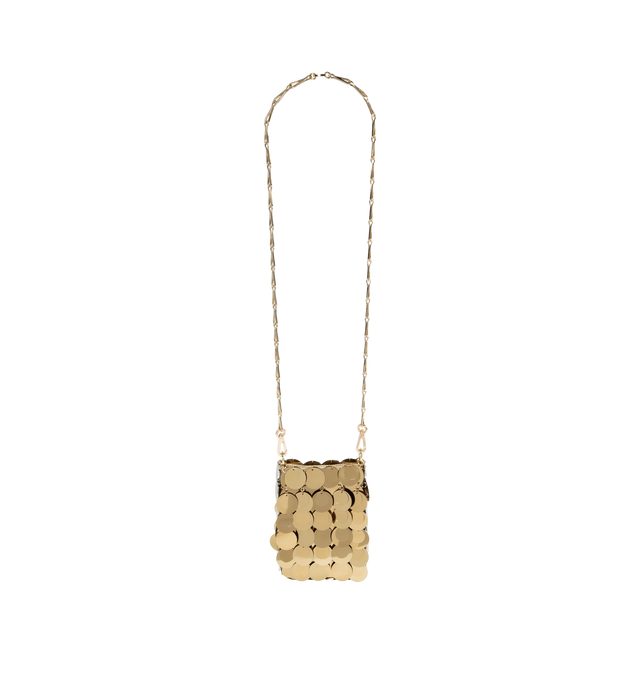 Image 2 of 3 - GOLD - RABANNE Mini Sparkle Discs Bag featuring chain-mail-style shoulder bag, detachable chain link shoulder strap, magnetic closure and full twill lining. H6.5" x W4.5" x D1.5". 90% polyester, 10% brass. Made in Madagascar. 