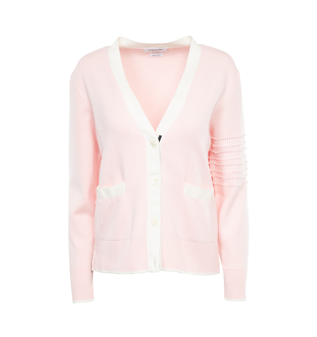Image 1 of 3 - PINK - THOM BROWNE Milano Stitch V Neck Cardigan featuring front button closure with striped grosgrain trim at placket, ribbed cuffs and hem, sleeve stripe details and two front pockets. 100% cotton.