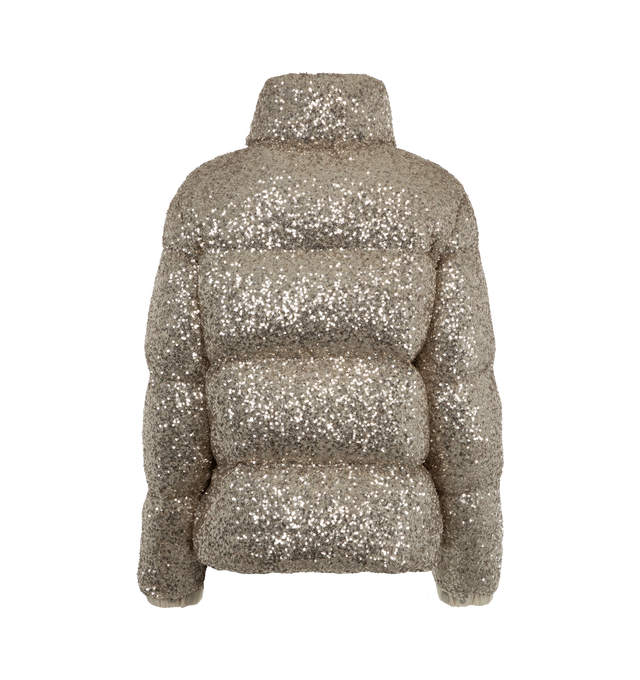 Image 2 of 3 - GOLD - MONCLER Anternes Sparkling Sequined Puffer Jacket featuring stand collar, two-way zipper closure, long sleeves, adjustable snap cuffs, logo patch at left sleeve, side zipped pockets and elasticized hem. Nylon/polyamide. Fill: Down/Feather. 