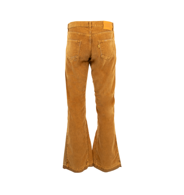 Image 2 of 3 - BROWN - Gallery Dept. L.A. Corduroy Flare Trousers crafted from from corduroy fabric mixed with duck canvas, treated with a unique wash process and meticulously repaired with specialized sewing machines. Featuring a slim fit along the leg and a mid-rise with the brand's prominent side-seam panel extensions to create the 'flare' silhouette, which drapes and billows over the wearer's feet. Made in Los Angeles, USA. 100% Cotton. 