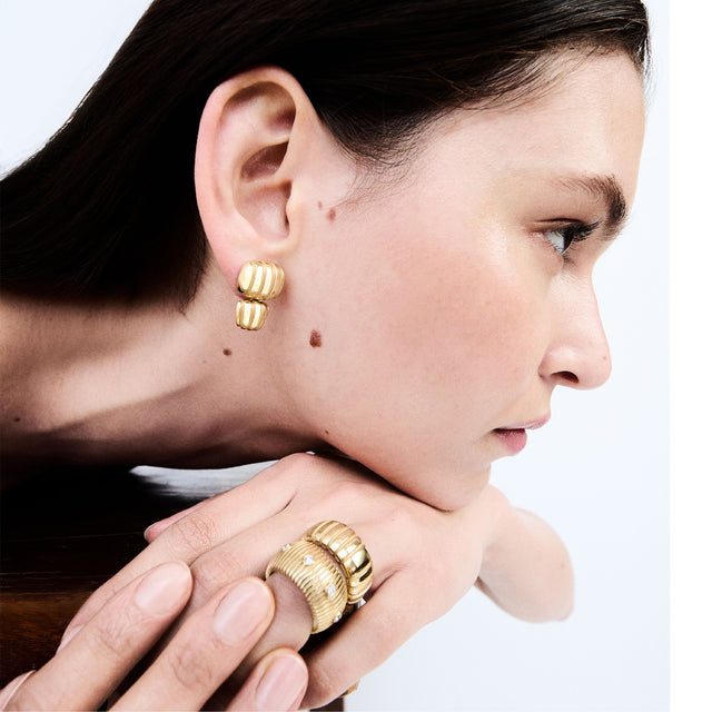 Image 3 of 3 - GOLD - PAMELA ZAMORE Clio Diamond Band featuring textural bands and hoops set with bright diamonds. Hand-finished 18K gold, 24g, .32ct diamonds, band width 12 mm. Hirshleifers offers a range of pieces from this collection in-store. For personal consultation and detailed information about jewelry, please contact our dedicated stylist team at personalshopping@hirshleifers.com. This item may be restricted for online purchase to international clients. For assistance purchasing this item please co 