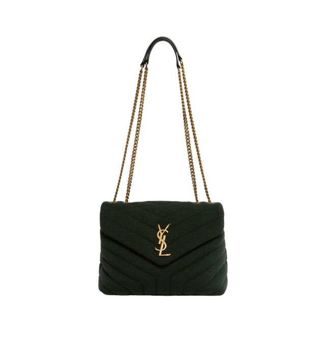 Image 1 of 3 - GREEN - SAINT LAURENT Loulou Small Bag featuring magnetic snap tab, interior slot pocket, sliding chain, two interior compartments separated by zipped pocket and quilted overstitching. 9 X 6.6 X 3.5 inches.  