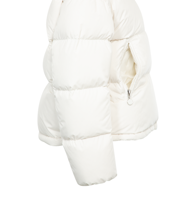 Image 3 of 3 - WHITE - MONCLER MINO SHORT DOWN JACKET featuring nylon lger brillant lining, down-filled, adjustable hood, detachable cashmere collar, zip closure, zipped welt pockets and hem with drawstring fastening. 100% Polyester. Padding: 90% down, 10% feather. Fur: GOAT. 
