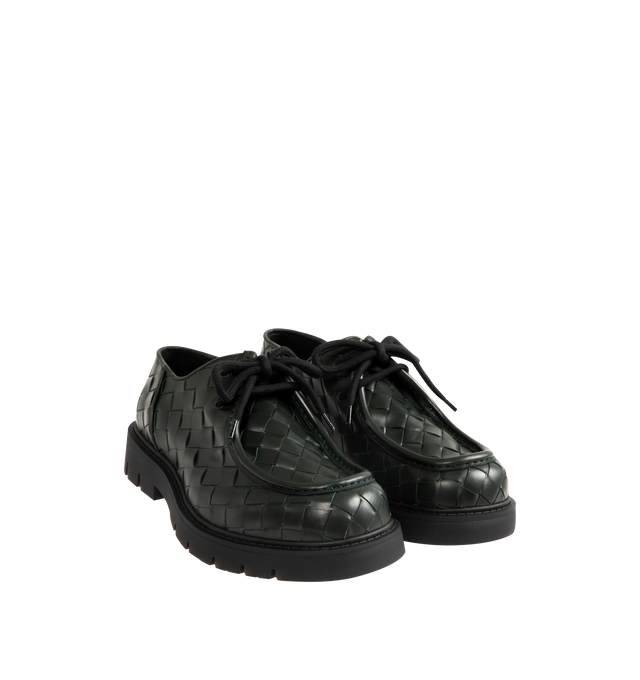 Image 2 of 4 - GREEN - Bottega Veneta Men's Haddock Dark Green Lace-Up Shoe in smooth calfskin with all-over Intrecciato craftsmanship. Upper and lining: calfskin leather. Rubber outsole. Made in Italy. 