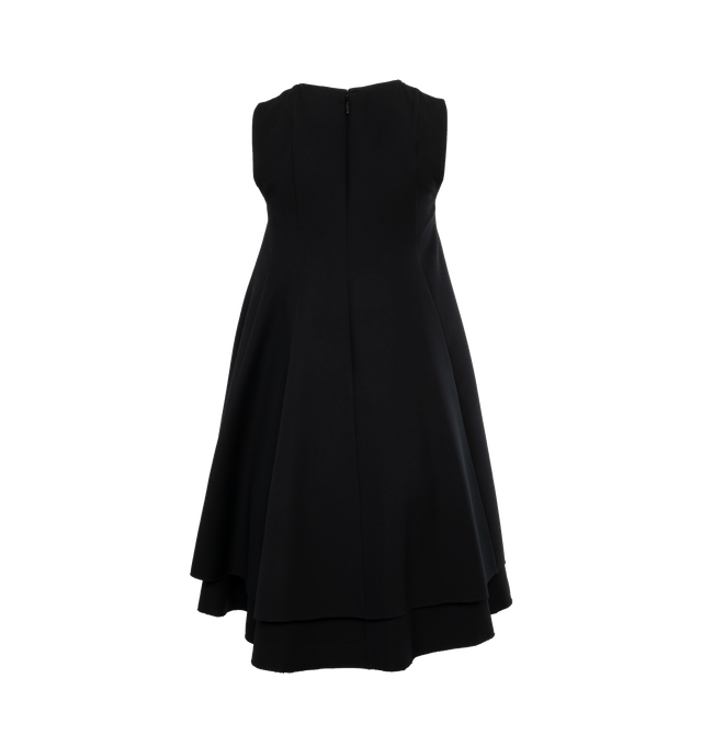 Image 2 of 4 - BLACK - LOEWE DOUBLE LAYER DRESS is a double layer dress crafted in medium-weight silk and wool crepe with a regular fit, short length, layered construction, pleated volume silhouette, round neck, invisible zip back fastening, seam pockets, raw edges and anagram embossed leather tab at the hem.  100% cotton, 51% silk, 44% wool, 5% calfskin leather 