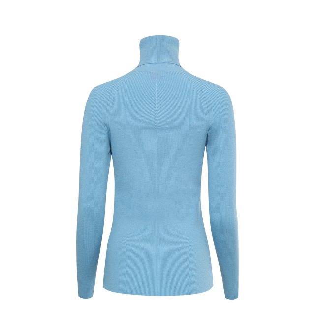 Image 2 of 2 - BLUE - Pucci ribbed-knit sweater crafted from mid-weight wool, appliqud at the chest with the trademark intertwined fish motif. Featuring a slim silhouette, high neck and and embroidered logo patch at the sleeve. 90% virgin wool, 10% polyester. Made in Italy. 