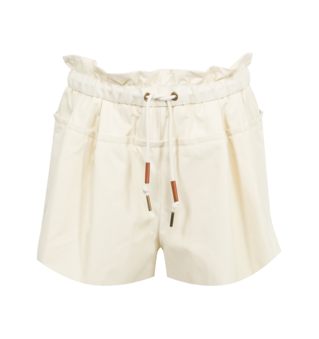 Image 1 of 3 - WHITE - MONCLER Shorts featuring cotton and nylon blend technical twill and cotton waistband with drawstring fastening. 59% cotton, 41% polyamide/nylon; Lining: 100% cotton. Made in Romania. 