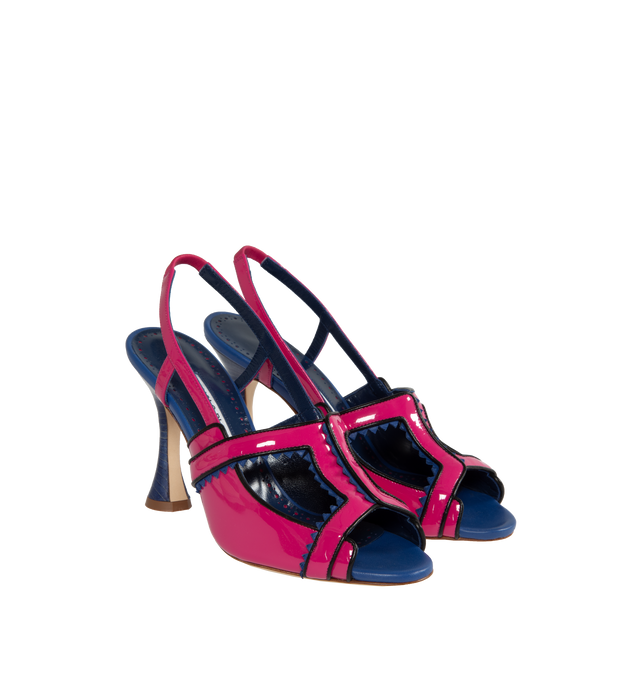 Image 2 of 4 - PINK - MANOLO BLAHNIK Tonah Patent Leather Slingback Pumps featuring cut out details, black edging with blue zig zag details and flared high heel. 105MM. 98% patent calf, 2% lamb nappa. Made in Italy. 