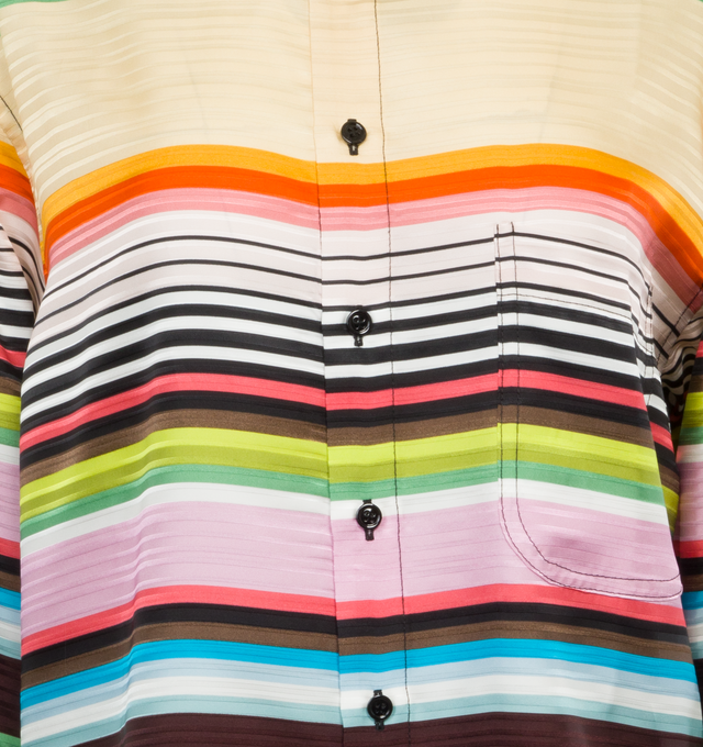 Image 3 of 4 - MULTI - CHRISTOPHER JOHN ROGERS Casette Striped Shirt featuring silk-organza, button front closure, oversized fit, dropped shoulder seams, rainbow-colored stripes of varying widths, collar and buttoned cuffs. 